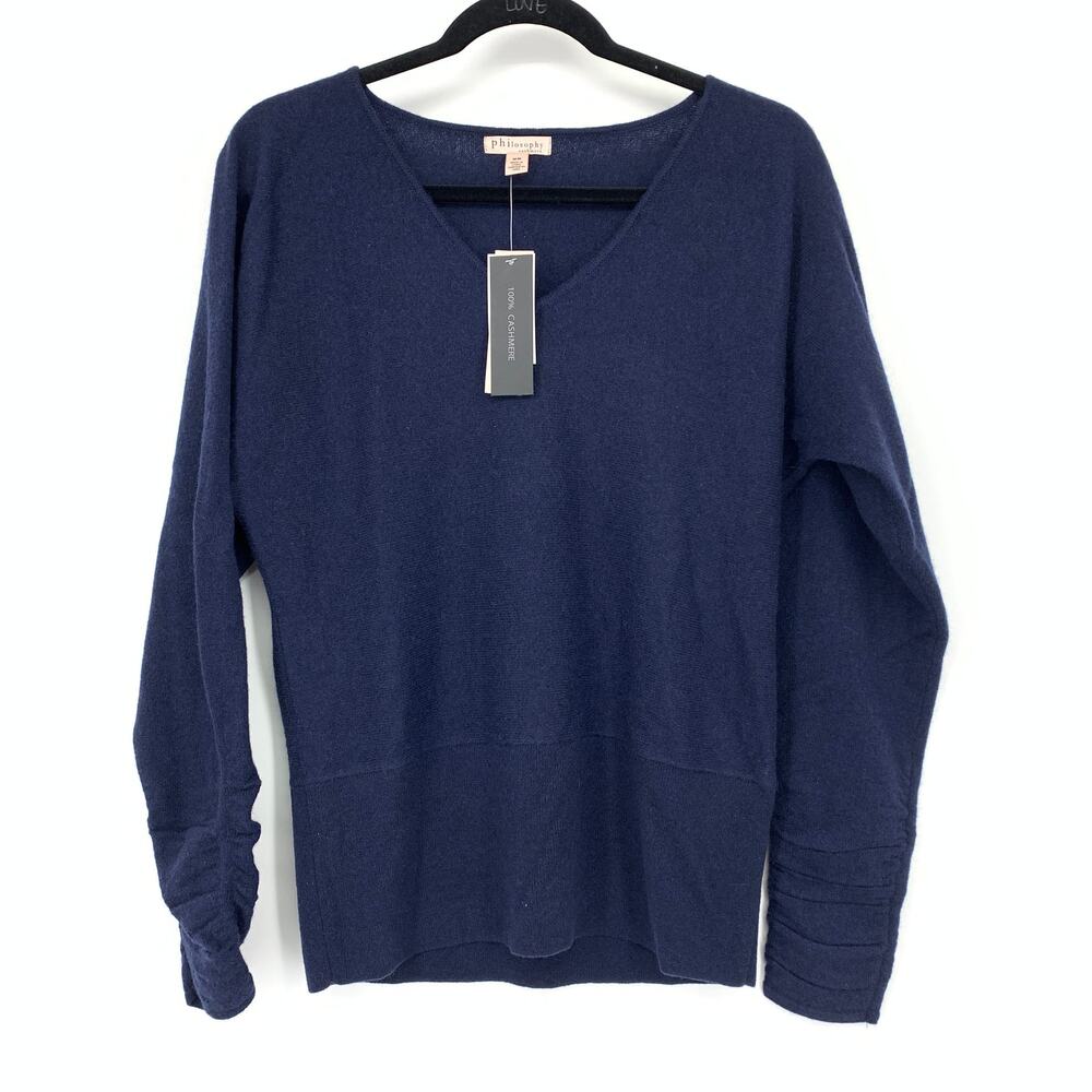 Philosophy V-Neck Ruched Sleeve Pullover Sweater Womens Sz M Navy Cashmere NEW
